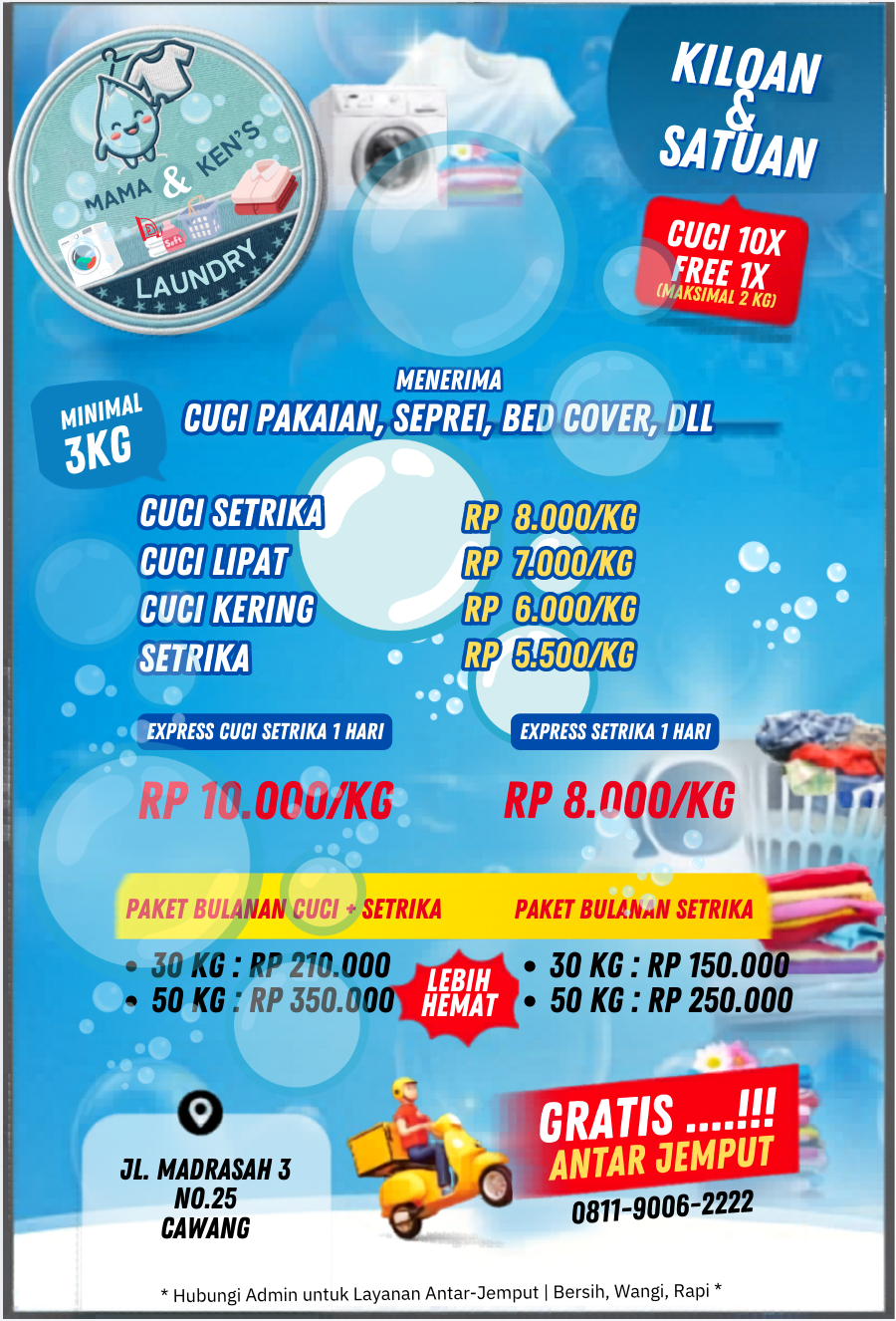 Brosur resmi layanan cuci kiloan dan satuan Mama & Ken's Laundry Cawang Jakarta Timur