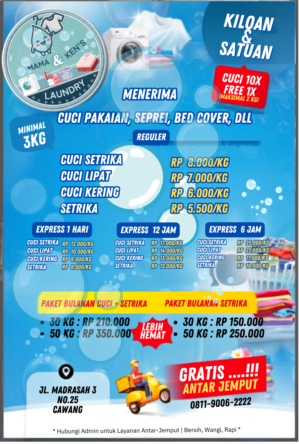 Brosur resmi layanan cuci kiloan dan satuan Mama & Ken's Laundry Cawang Jakarta Timur